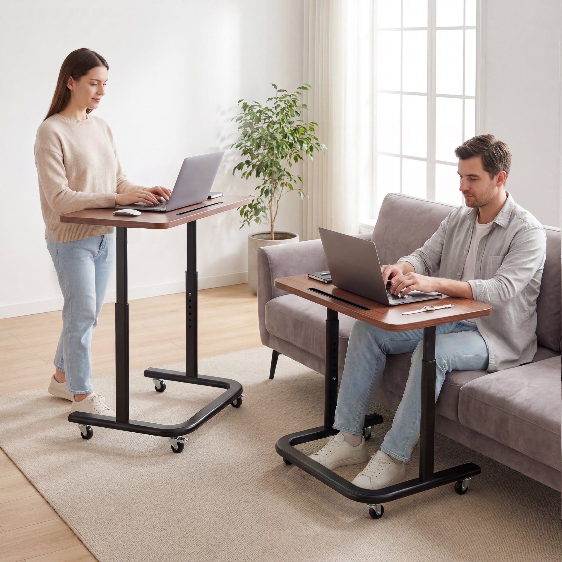 Mobile Height-Adjustable End Table - Sit-Stand Bedside Desk with Lockable Wheels (Dark Walnut) | BUYIFY