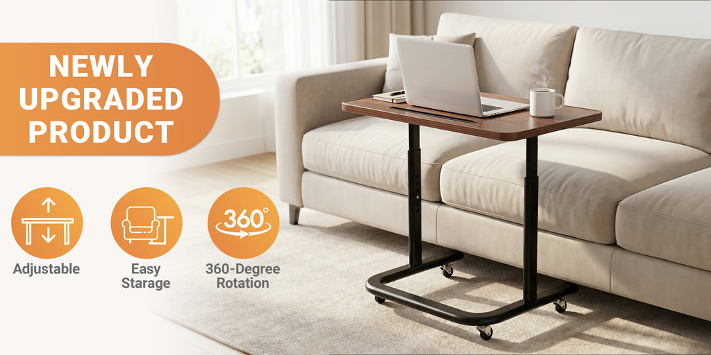 Mobile Height-Adjustable End Table - Sit-Stand Bedside Desk with Lockable Wheels (Dark Walnut) | BUYIFY