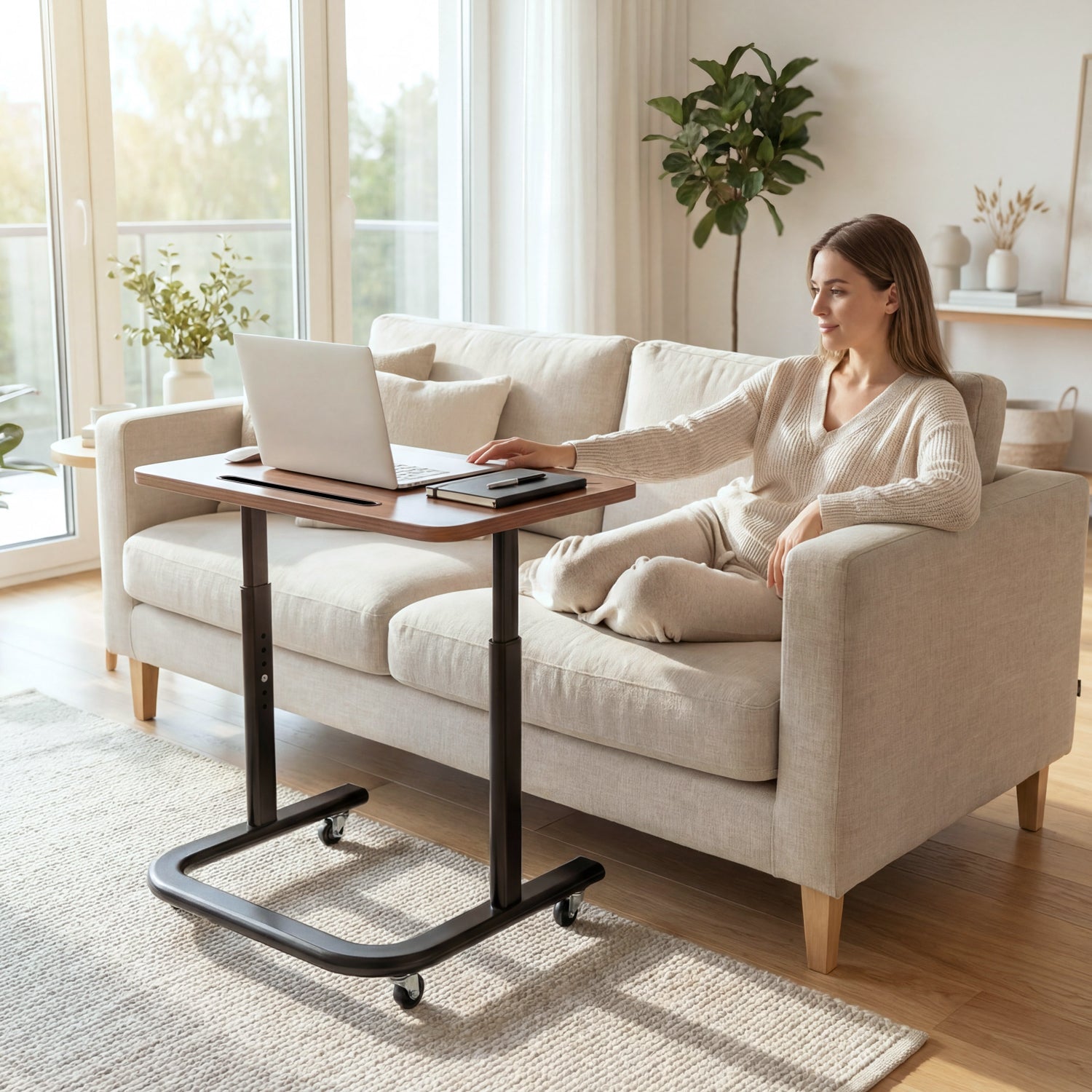 Mobile Height-Adjustable End Table - Sit-Stand Bedside Desk with Lockable Wheels (Dark Walnut) | BUYIFY