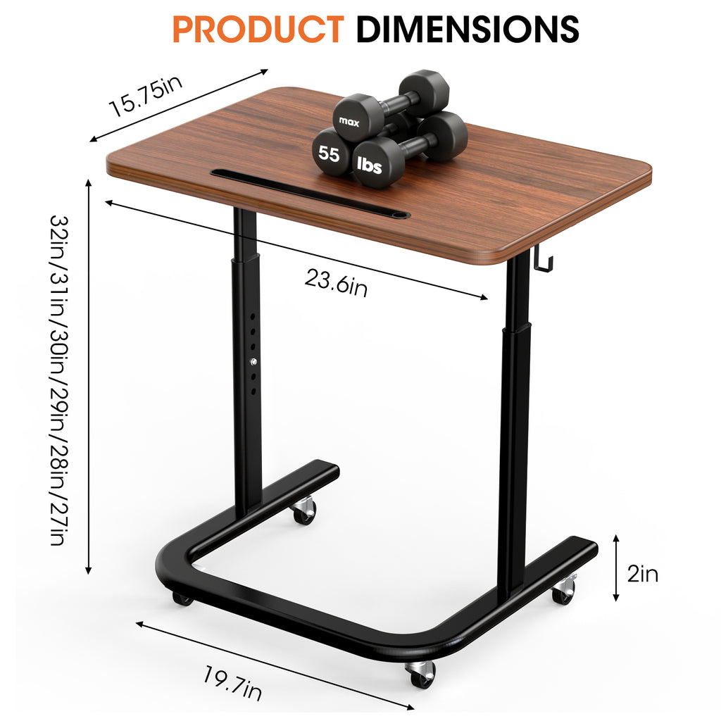 Mobile Height-Adjustable End Table - Sit-Stand Bedside Desk with Lockable Wheels (Dark Walnut) | BUYIFY
