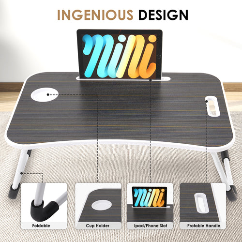 Folding Laptop Bed Desk 23" - Cup Holder, Tablet Slot | BUYIFY