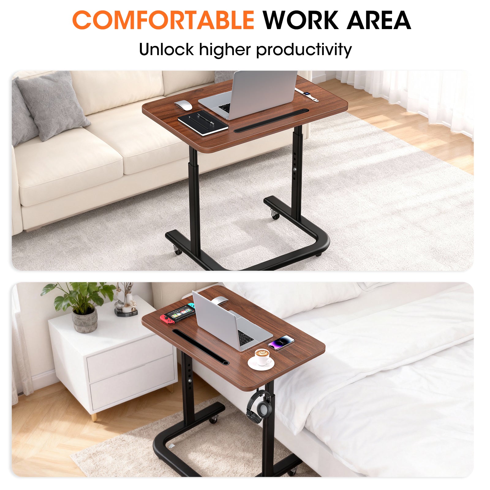 Mobile Height-Adjustable End Table - Sit-Stand Bedside Desk with Lockable Wheels (Dark Walnut) | BUYIFY