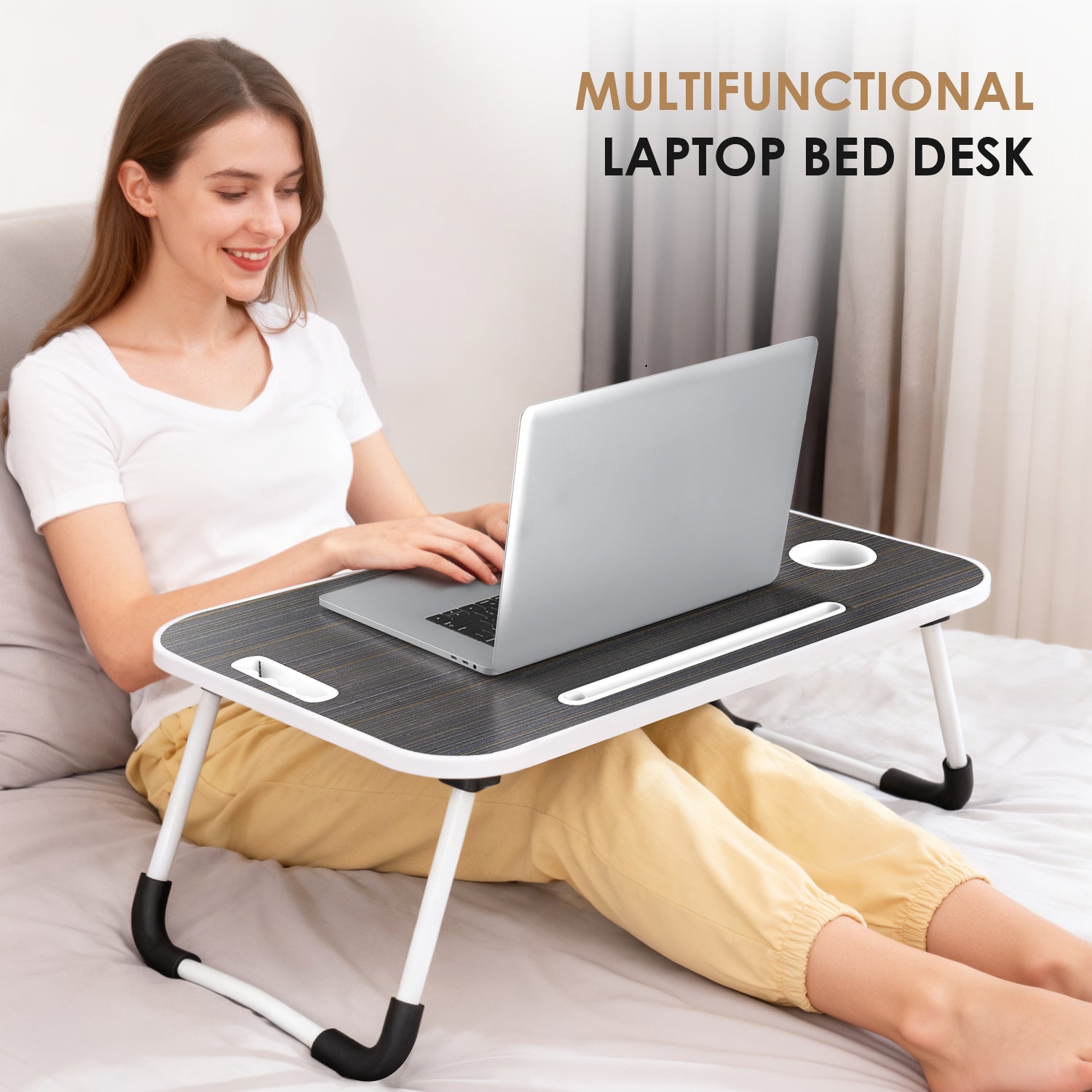 Folding Laptop Bed Desk 23" - Cup Holder, Tablet Slot | BUYIFY