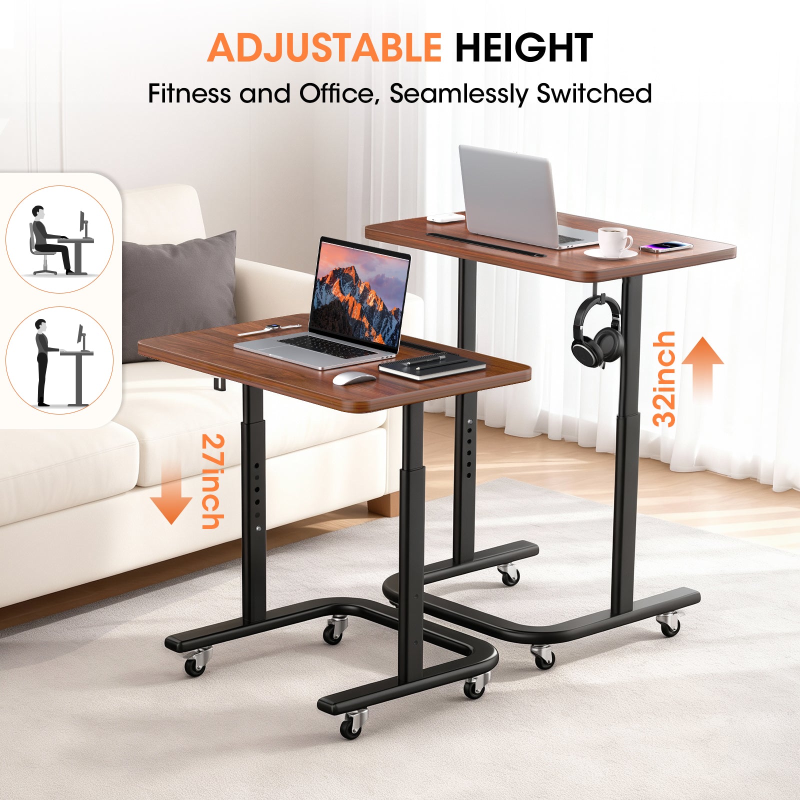 Mobile Height-Adjustable End Table - Sit-Stand Bedside Desk with Lockable Wheels (Dark Walnut) | BUYIFY